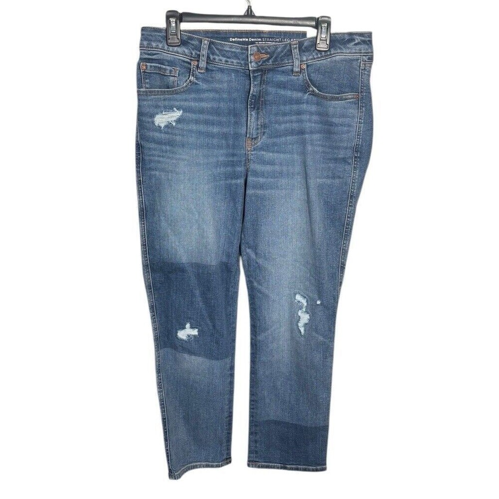 Chico’s Define Me Denim Straight Leg Ankle Jeans Size 12 Distressed‎ Patchwork